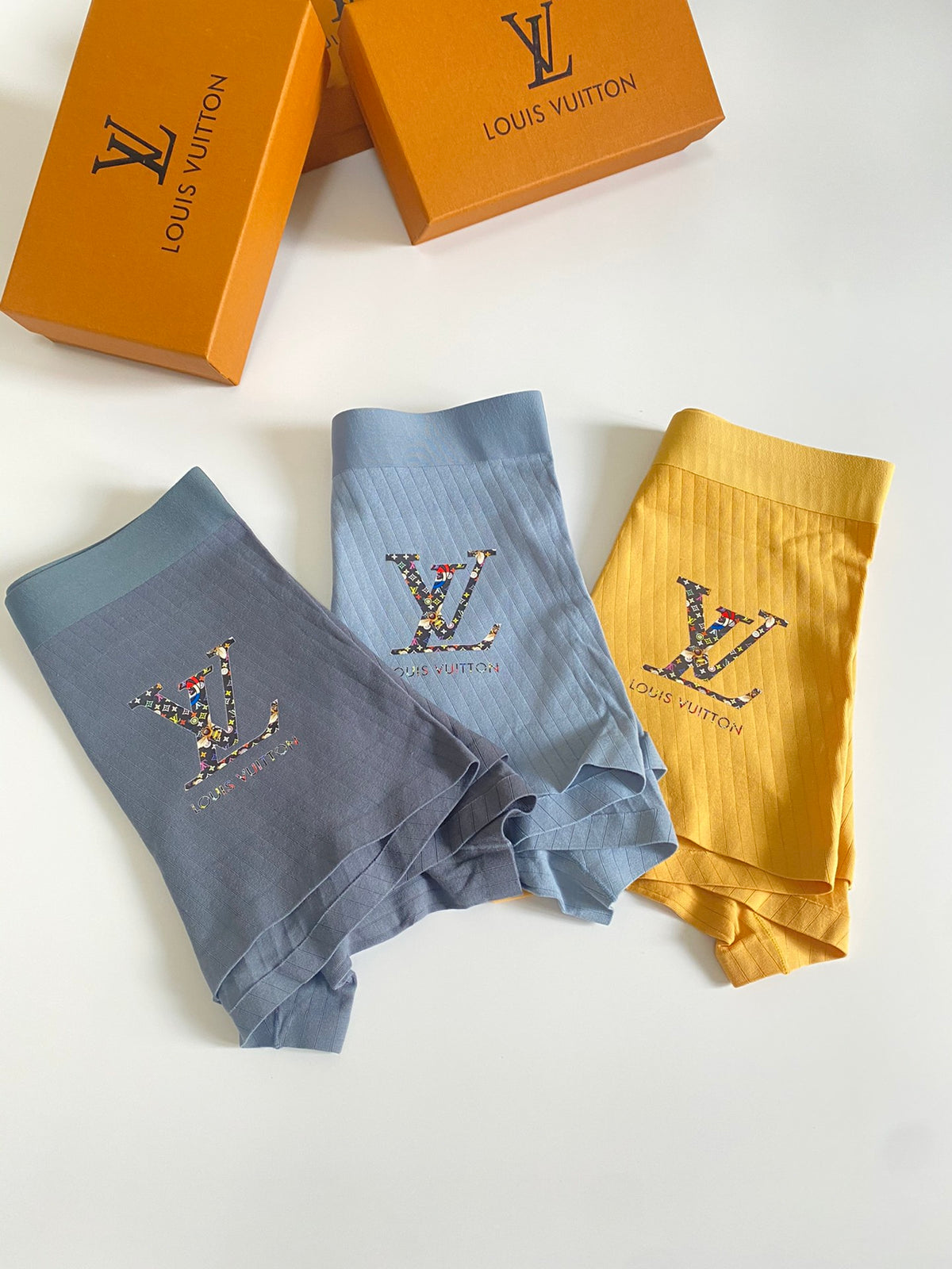 Louis Vuitton Yellow Grey Blue Round Leg Monogram Boxer Briefs, image 3
