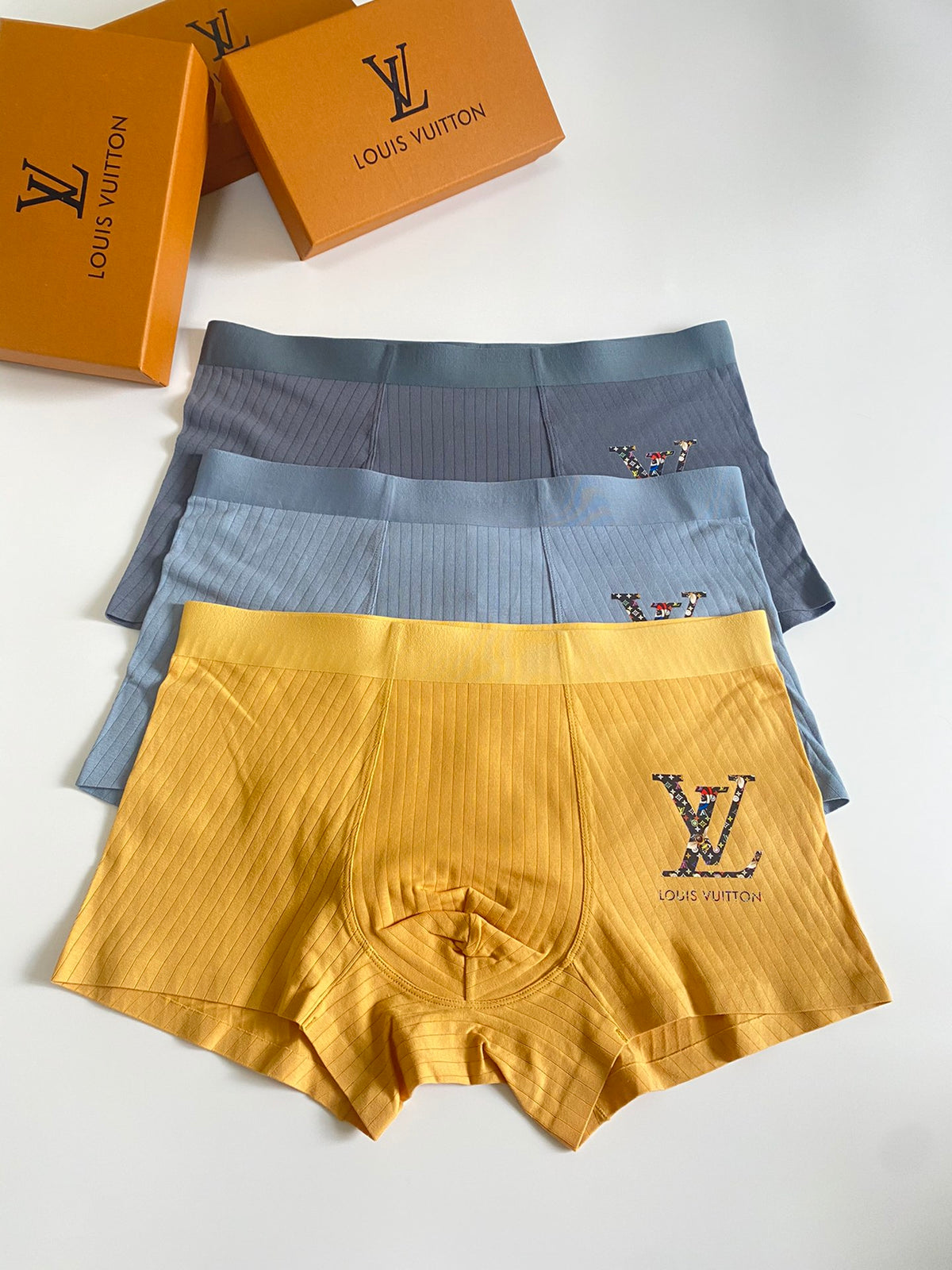 Louis Vuitton Yellow Grey Blue Round Leg Monogram Boxer Briefs, image 1