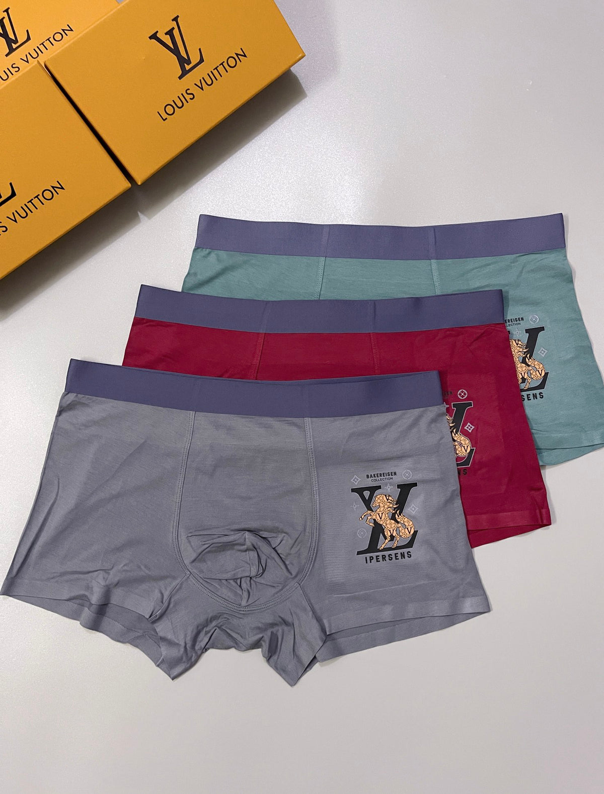 Louis Vuitton Grey Burgundy Teal Large Leg Monogram Boxer Briefs, image 1