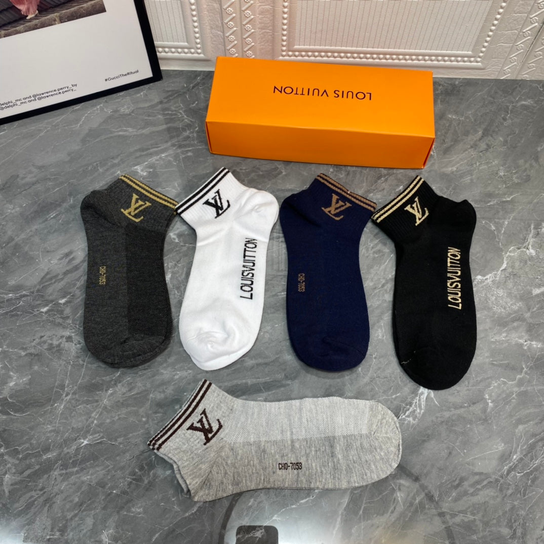 Louis Vuitton Grey White Navy Small Ankle Flower Ankle Socks, image 4