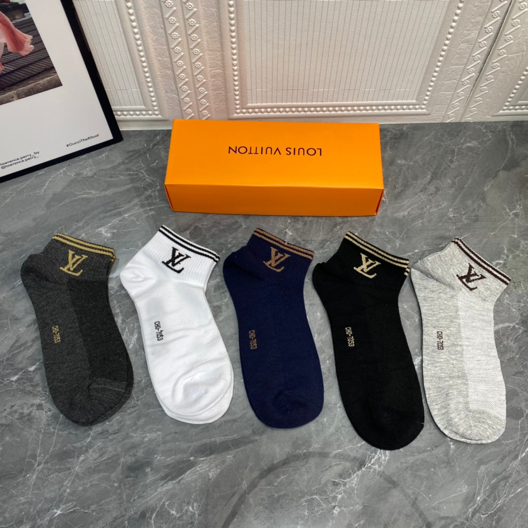 Louis Vuitton Grey White Navy Small Ankle Flower Ankle Socks, image 1