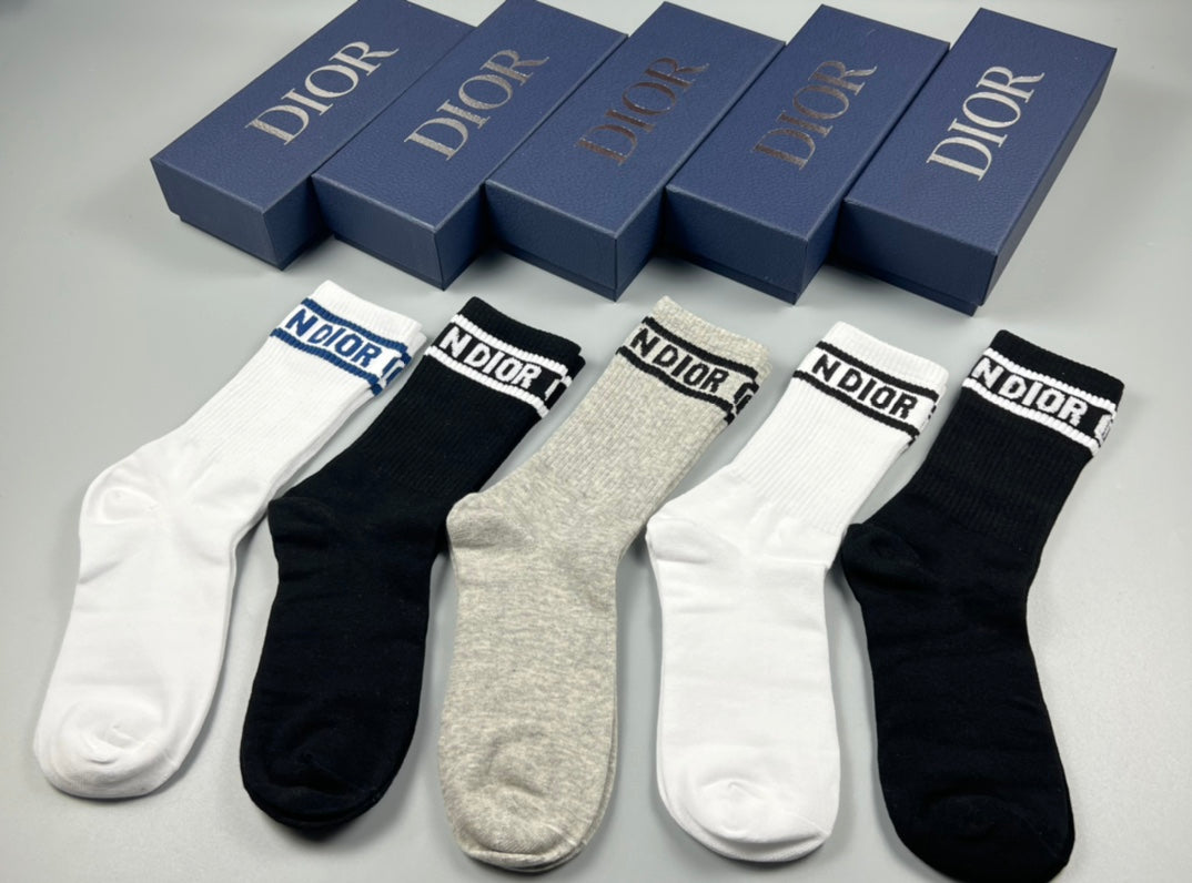 Dior White Grey Black Plain Wordmark Cuffs Crew Socks, image 8