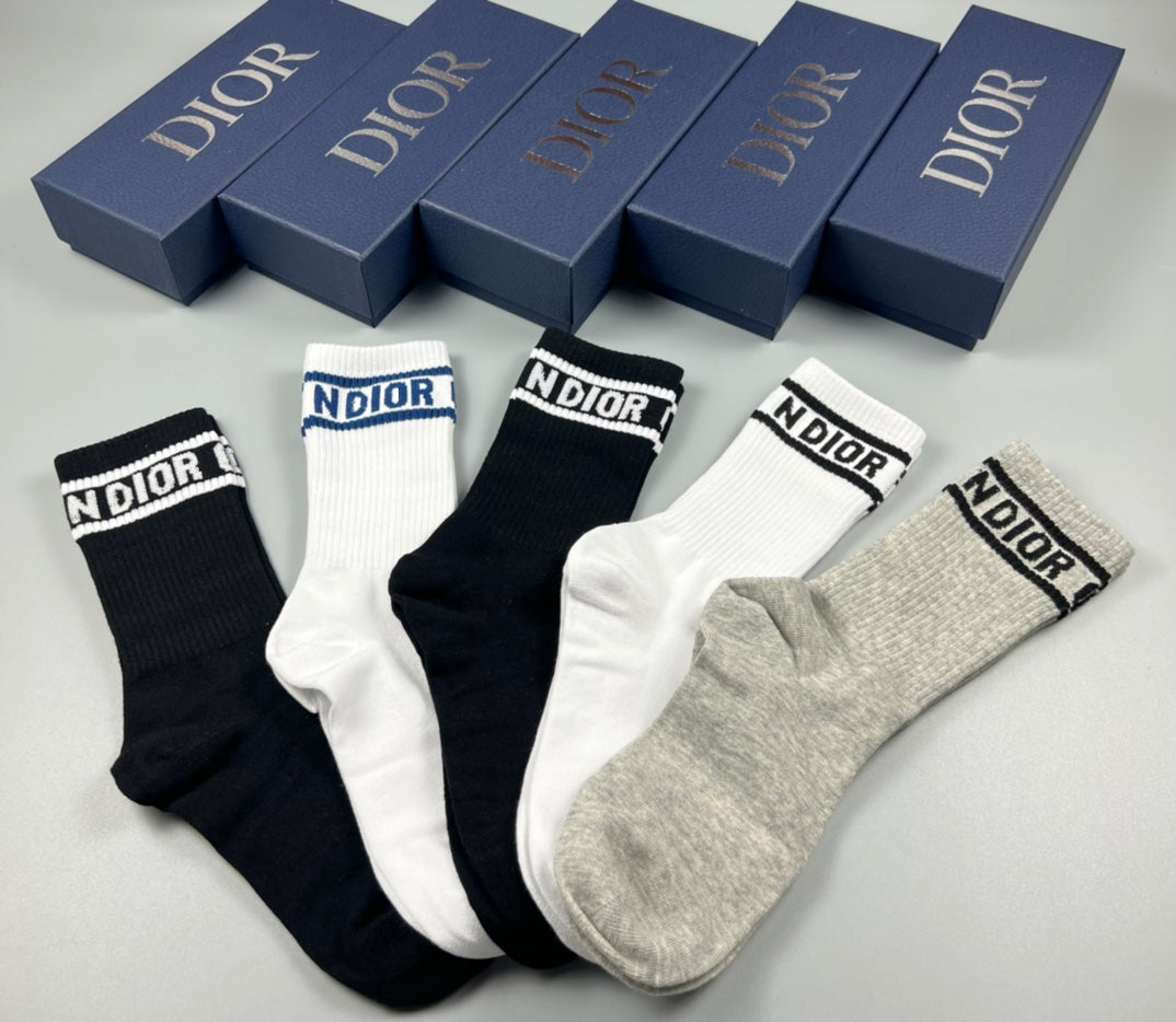Dior White Grey Black Plain Wordmark Cuffs Crew Socks, image 4