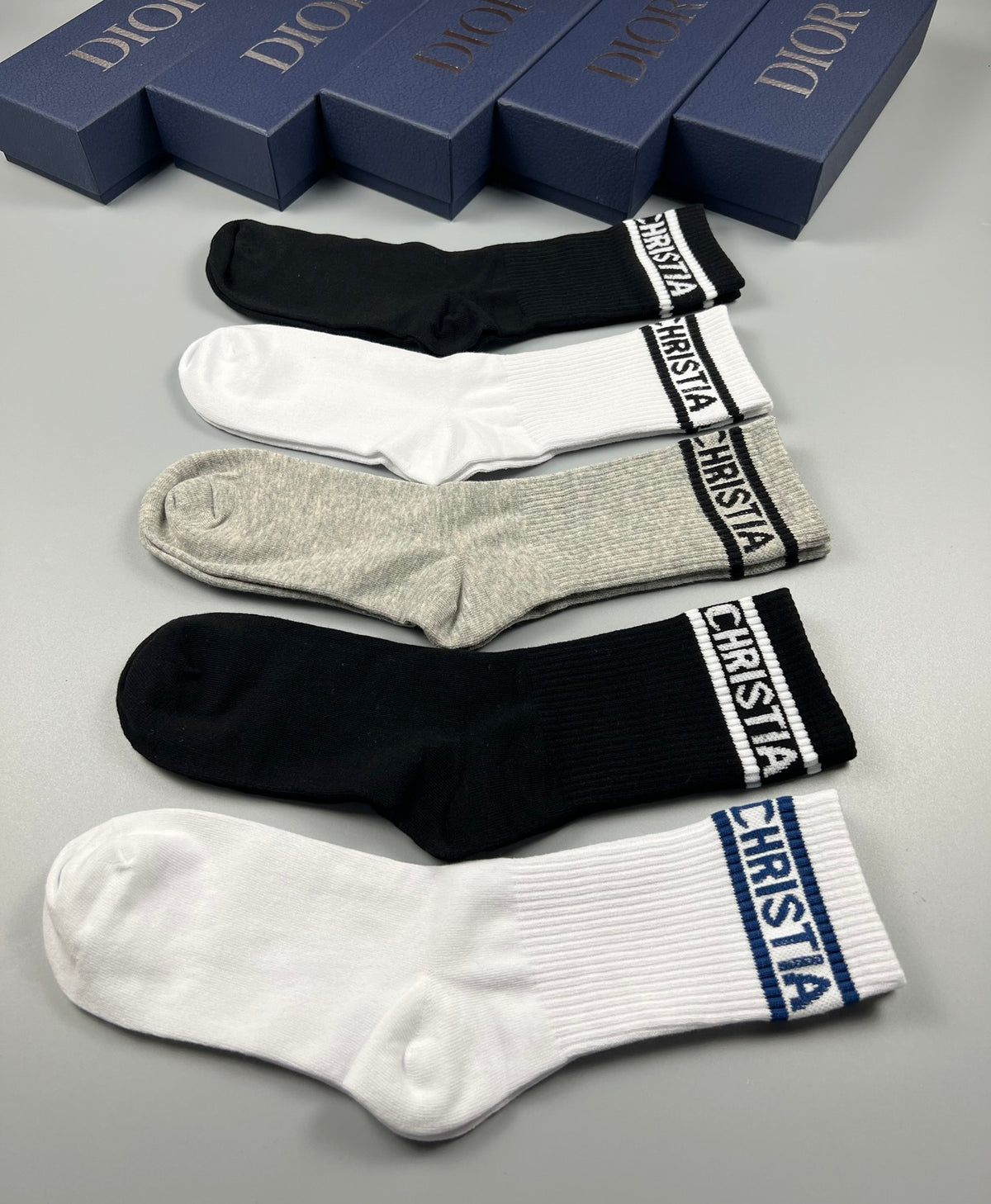 Dior White Grey Black Plain Wordmark Cuffs Crew Socks, image 9