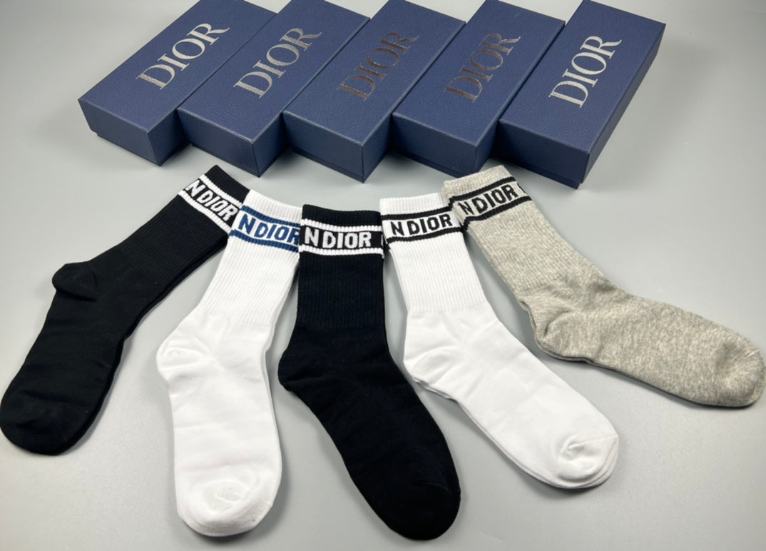 Dior White Grey Black Plain Wordmark Cuffs Crew Socks, image 3