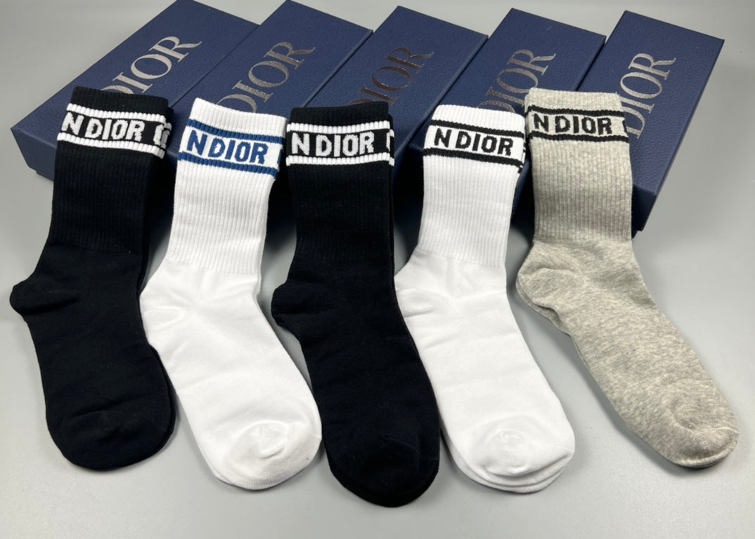 Dior White Grey Black Plain Wordmark Cuffs Crew Socks, image 5