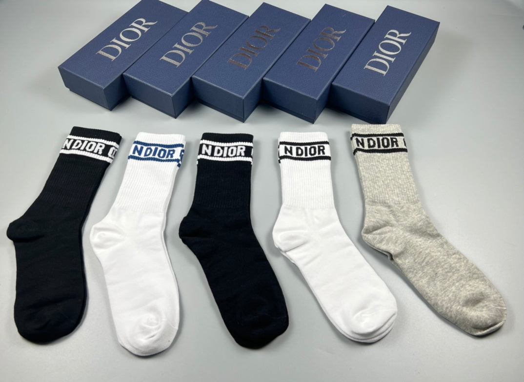 Dior White Grey Black Plain Wordmark Cuffs Crew Socks, image 1