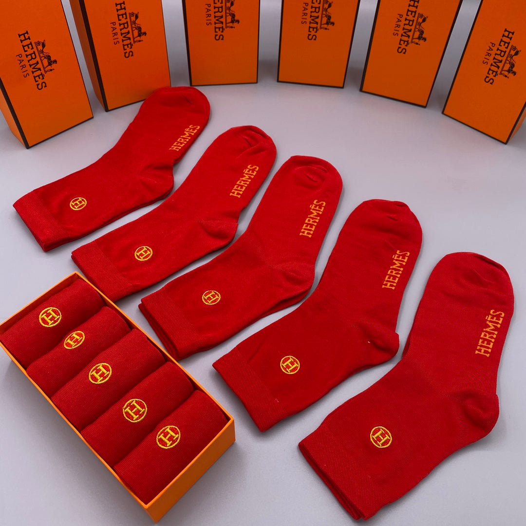 Hermès Red Gold Small Cuff Emblems Crew Socks, image 3