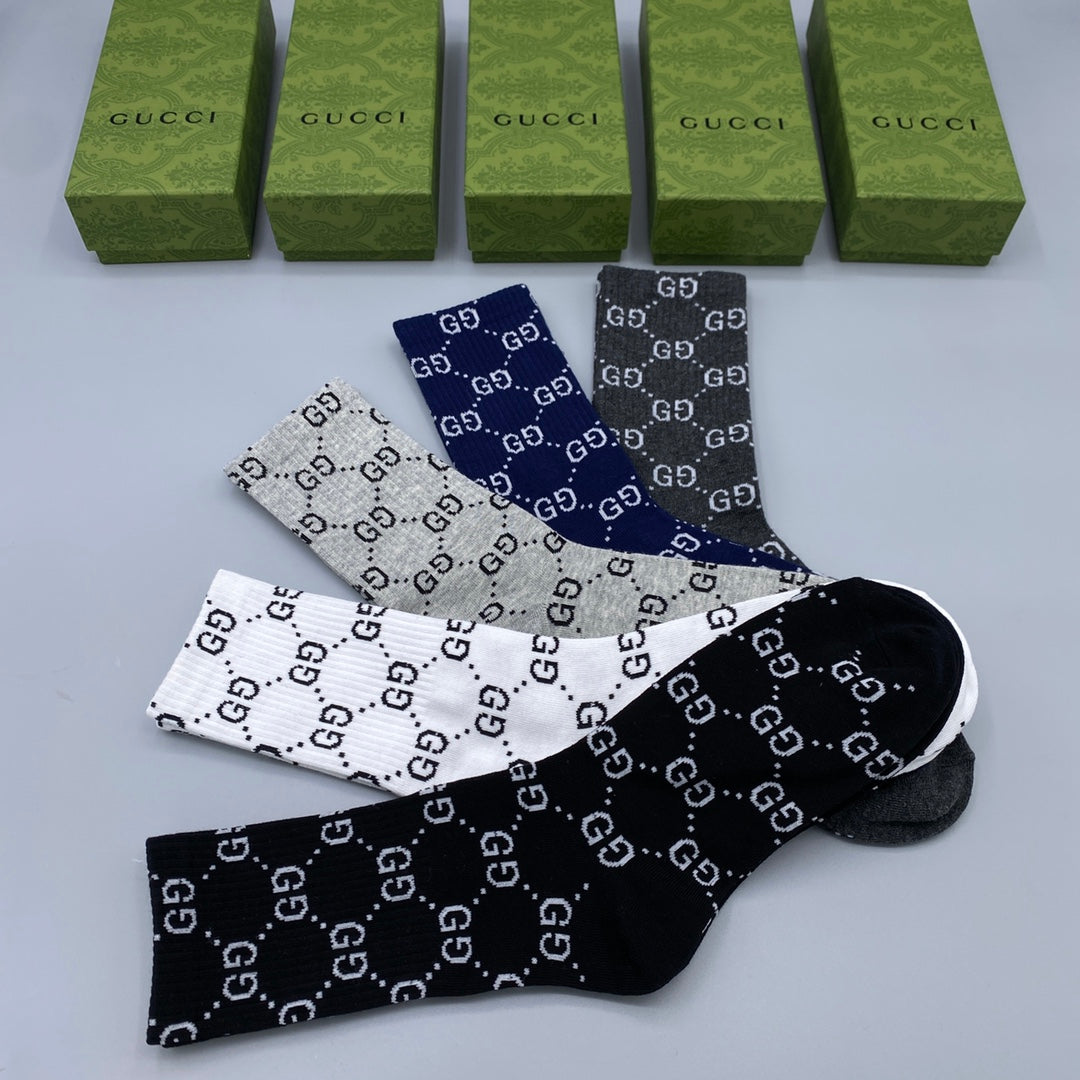 Gucci Blue Grey Black Repeating Letters Crew Socks, image 2