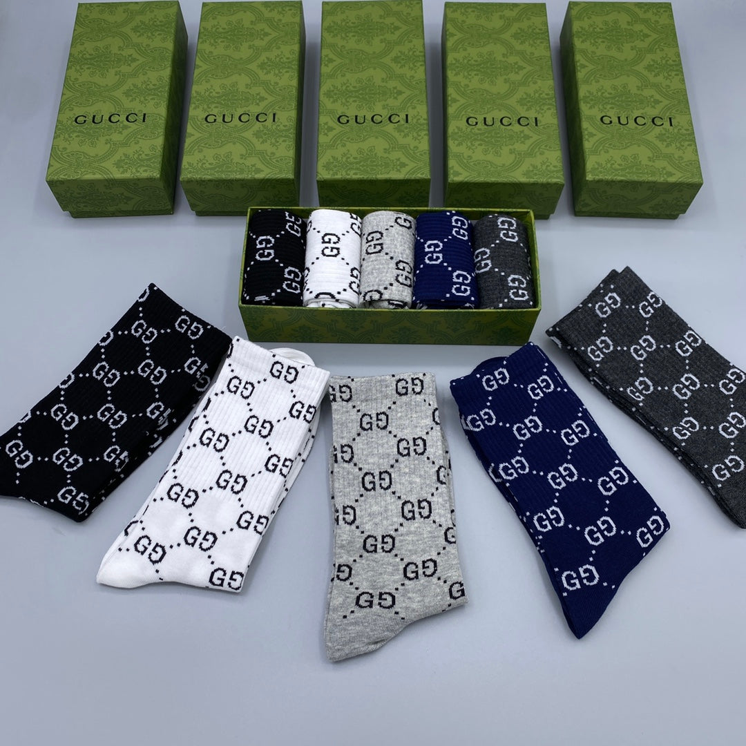 Gucci Blue Grey Black Repeating Letters Crew Socks, image 3
