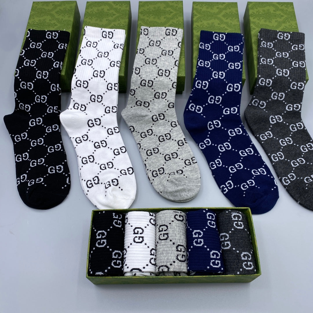 Gucci Blue Grey Black Repeating Letters Crew Socks, image 6