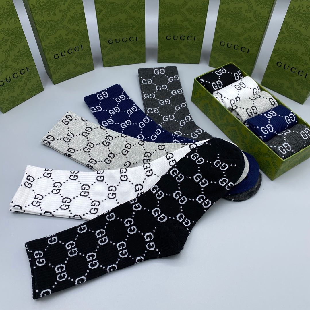 Gucci Blue Grey Black Repeating Letters Crew Socks, image 5