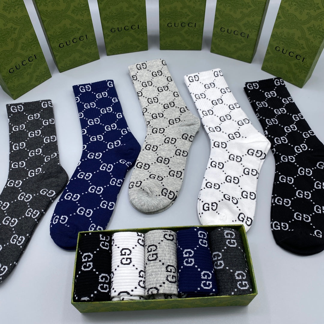 Gucci Blue Grey Black Repeating Letters Crew Socks, image 8