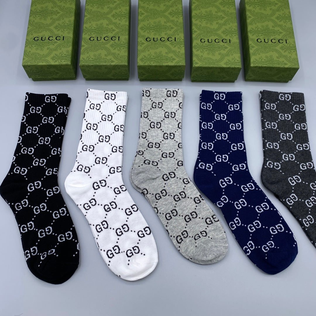 Gucci Blue Grey Black Repeating Letters Crew Socks, image 1