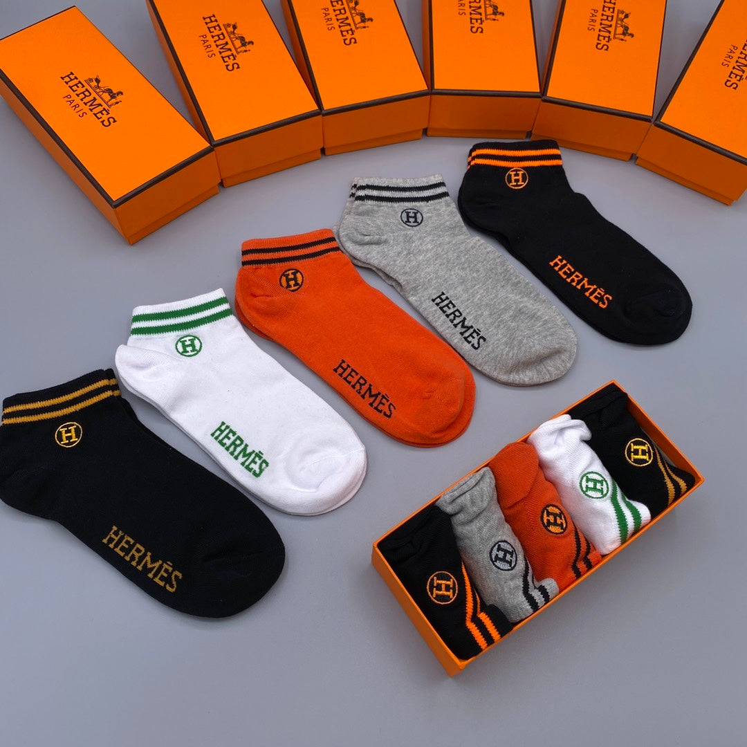Hermès Orange White Grey Contrast Cuff Lines No-Show Socks, image 6