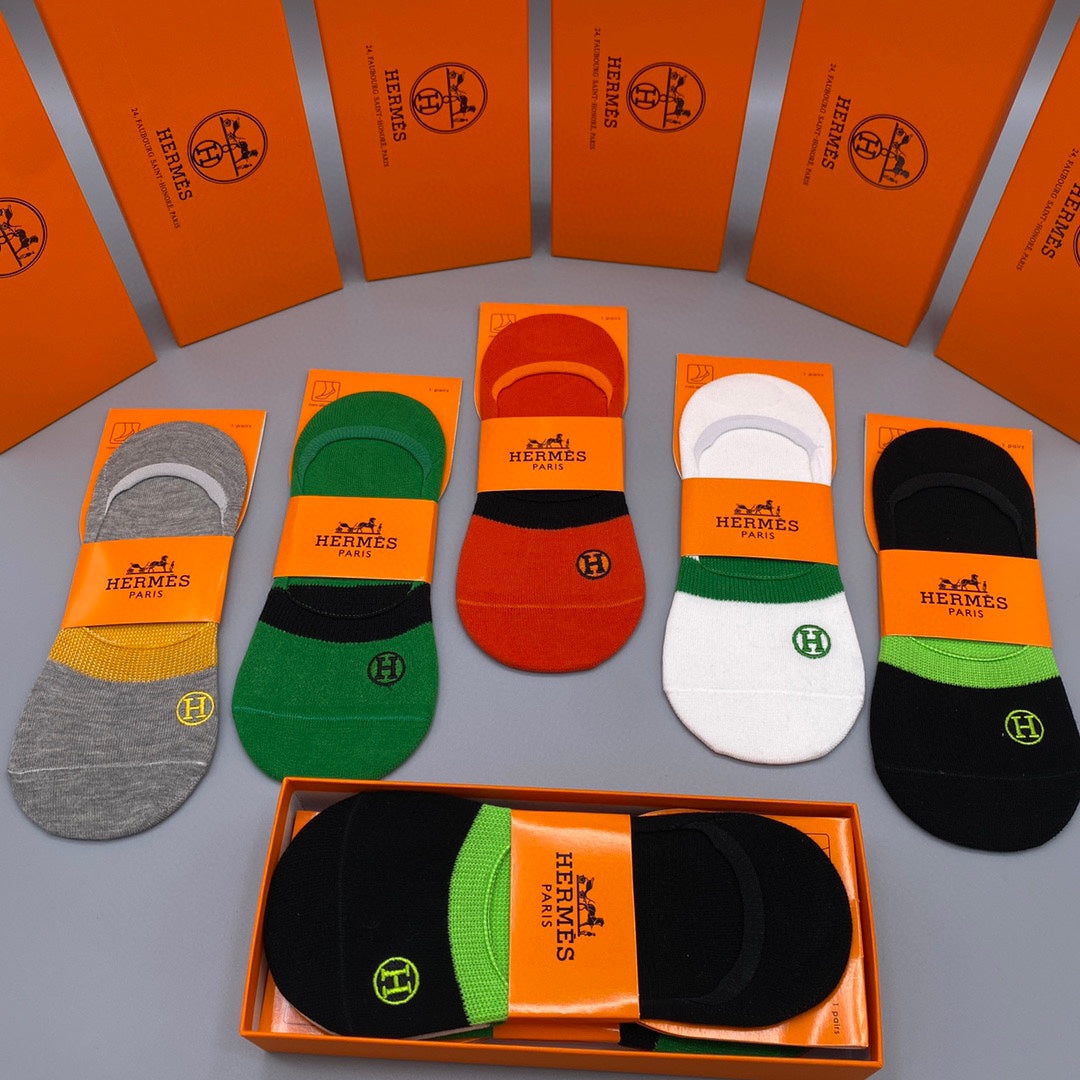 Hermès Bright Green Red Orange Footbed Bands No-Show Socks, image 8