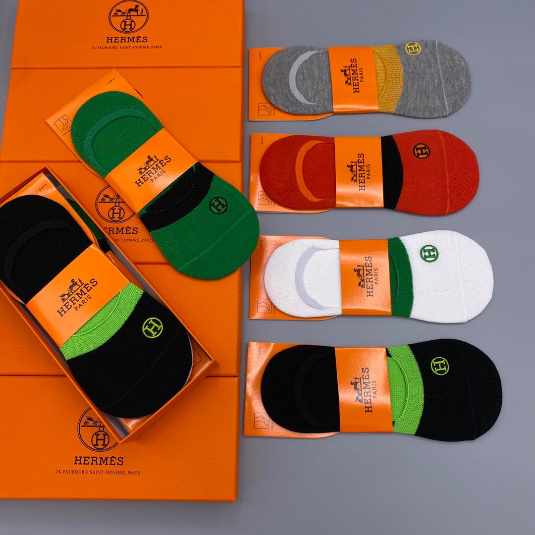 Hermès Bright Green Red Orange Footbed Bands No-Show Socks, image 3