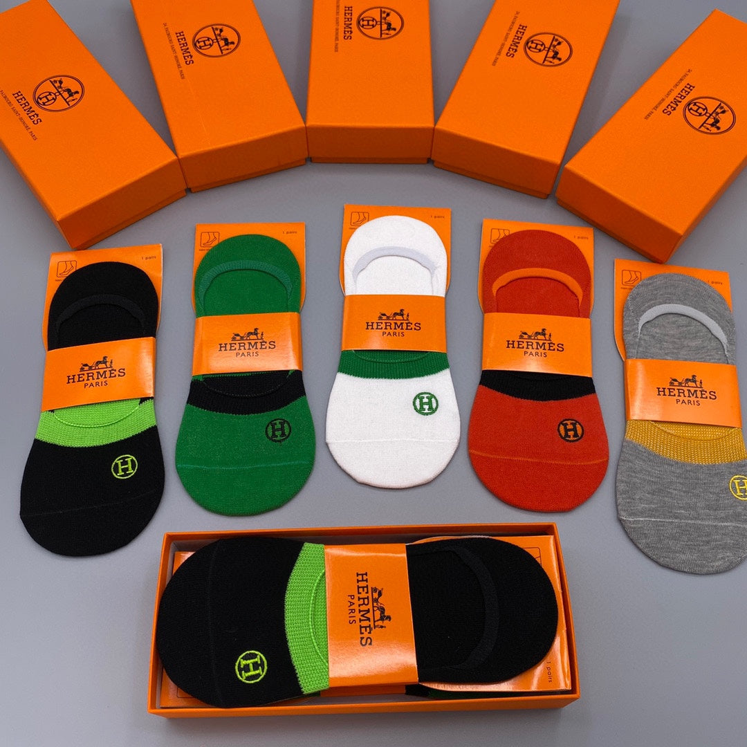 Hermès Bright Green Red Orange Footbed Bands No-Show Socks, image 1