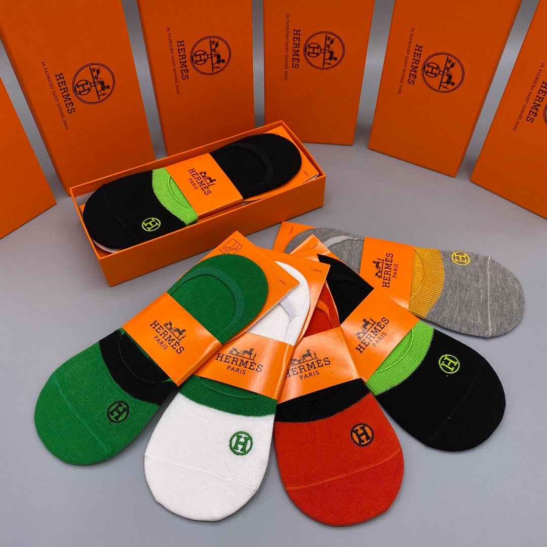 Hermès Bright Green Red Orange Footbed Bands No-Show Socks, image 7