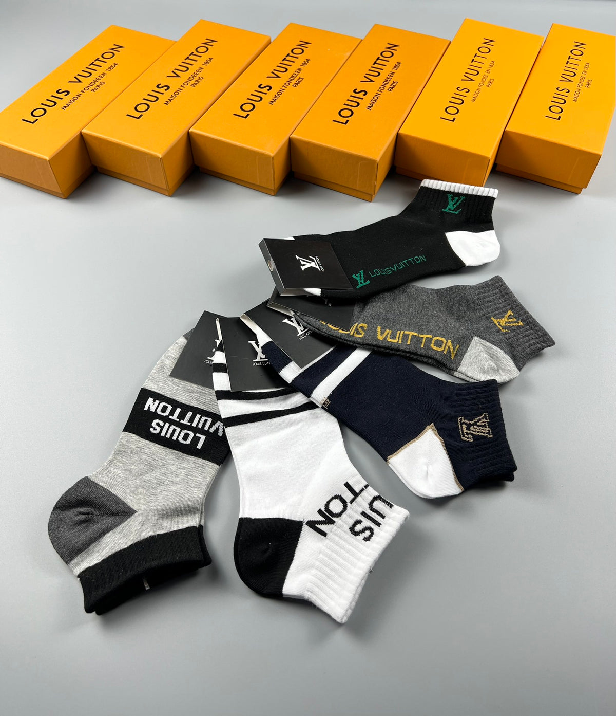Louis Vuitton Black White Grey Broad Letter Bands Ankle Socks, image 8
