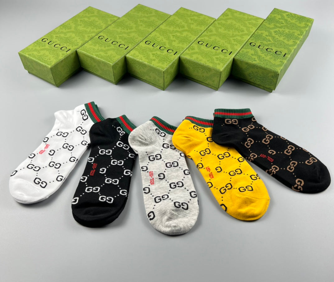 Gucci Yellow White Grey Allover Letters Ankle Socks, image 3