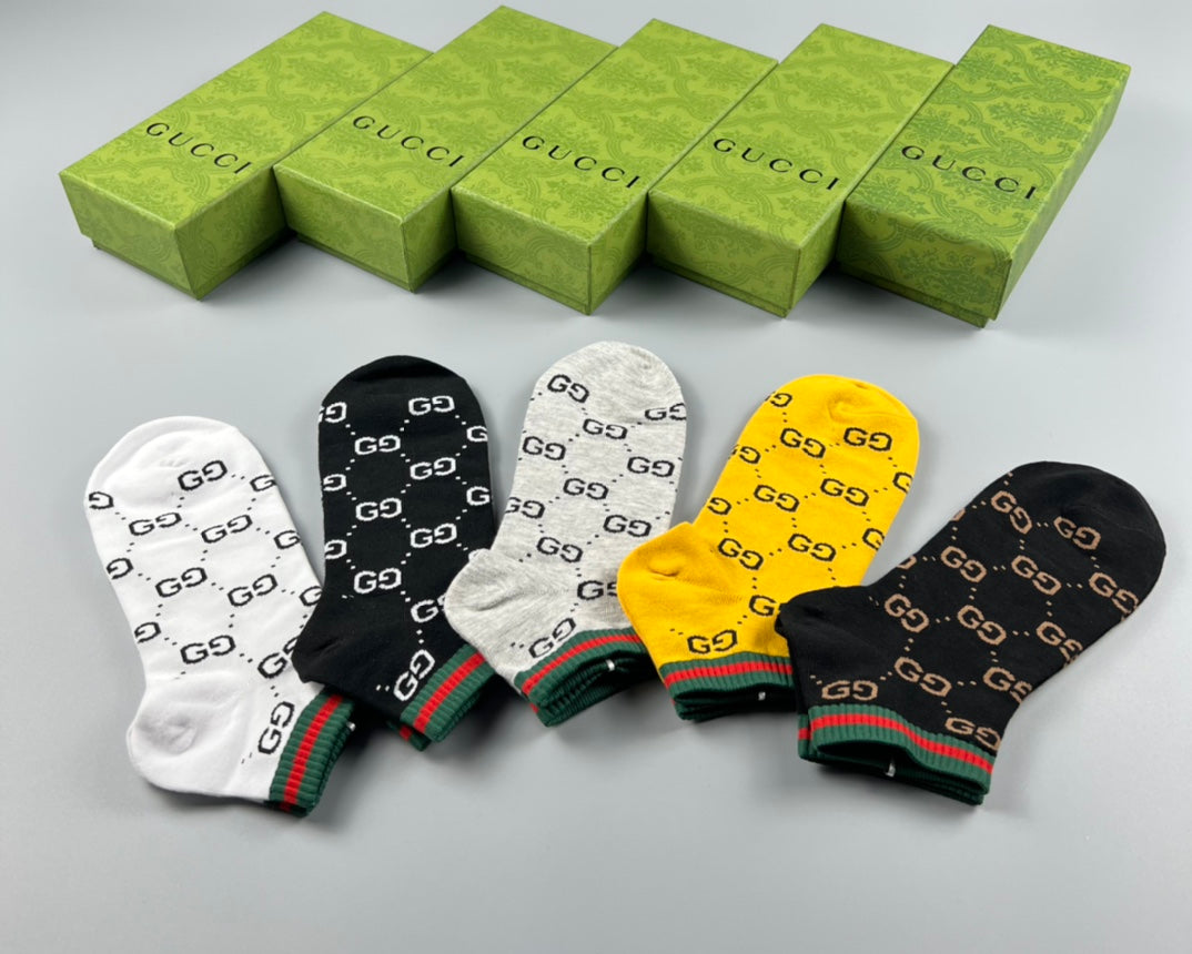 Gucci Yellow White Grey Allover Letters Ankle Socks, image 2