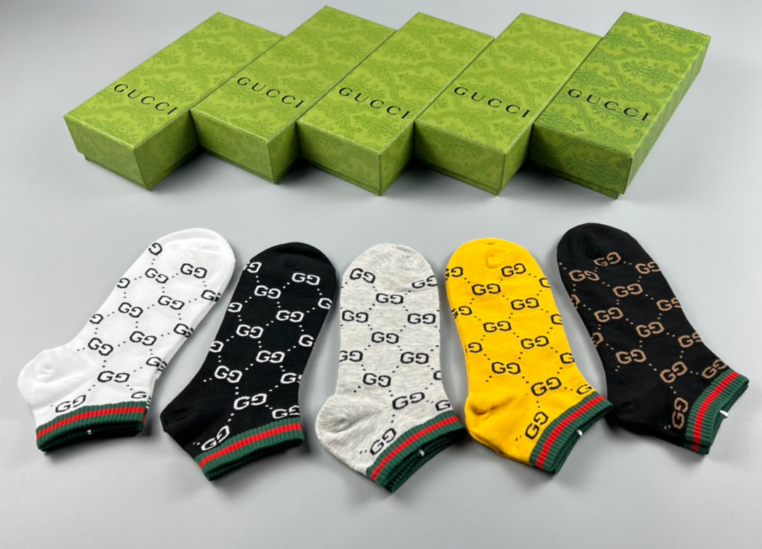 Gucci Yellow White Grey Allover Letters Ankle Socks, image 1