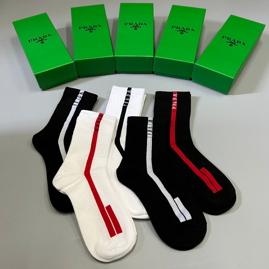 Prada Black Cream Red Side Stripe Crew Socks, image 5