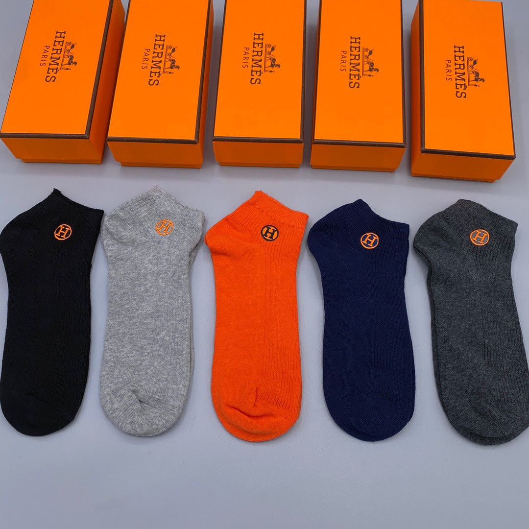 Hermès Orange Navy Grey Small Cuff Medallion Ankle Socks, image 1
