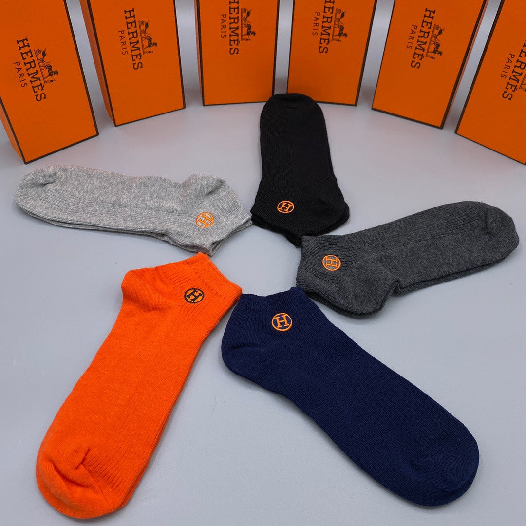 Hermès Orange Navy Grey Small Cuff Medallion Ankle Socks, image 8