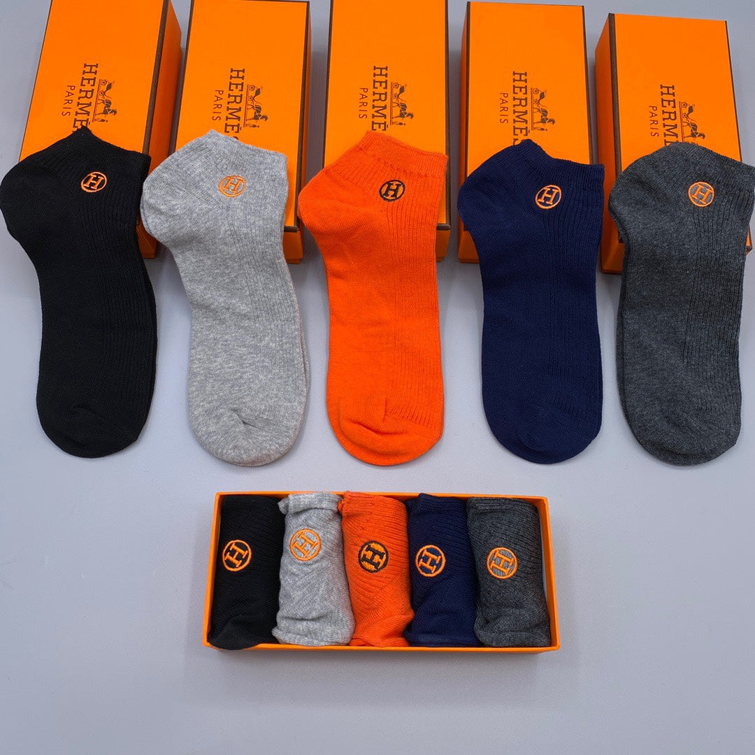 Hermès Orange Navy Grey Small Cuff Medallion Ankle Socks, image 5