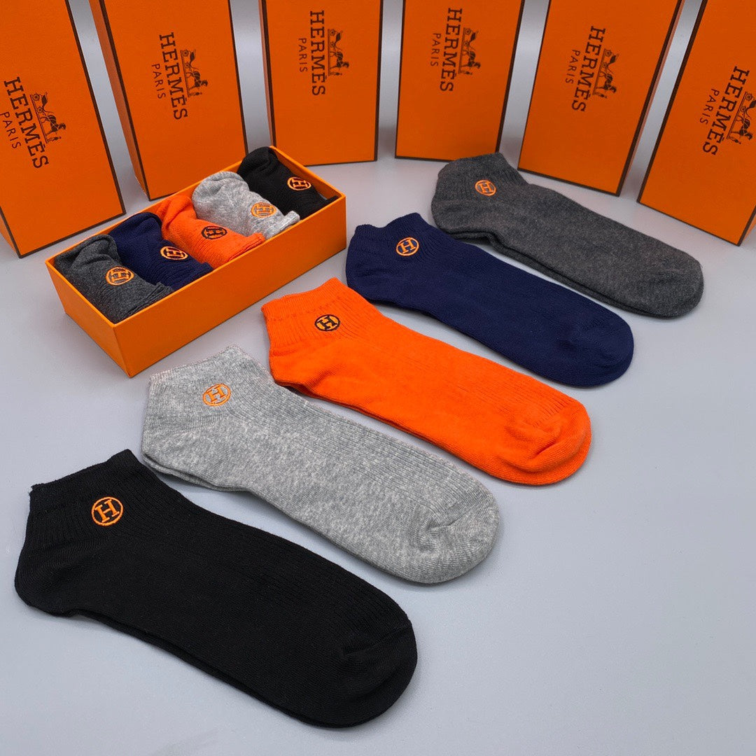 Hermès Orange Navy Grey Small Cuff Medallion Ankle Socks, image 2