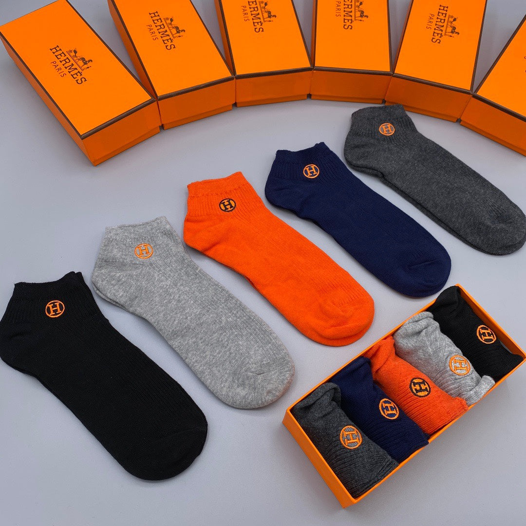Hermès Orange Navy Grey Small Cuff Medallion Ankle Socks, image 6