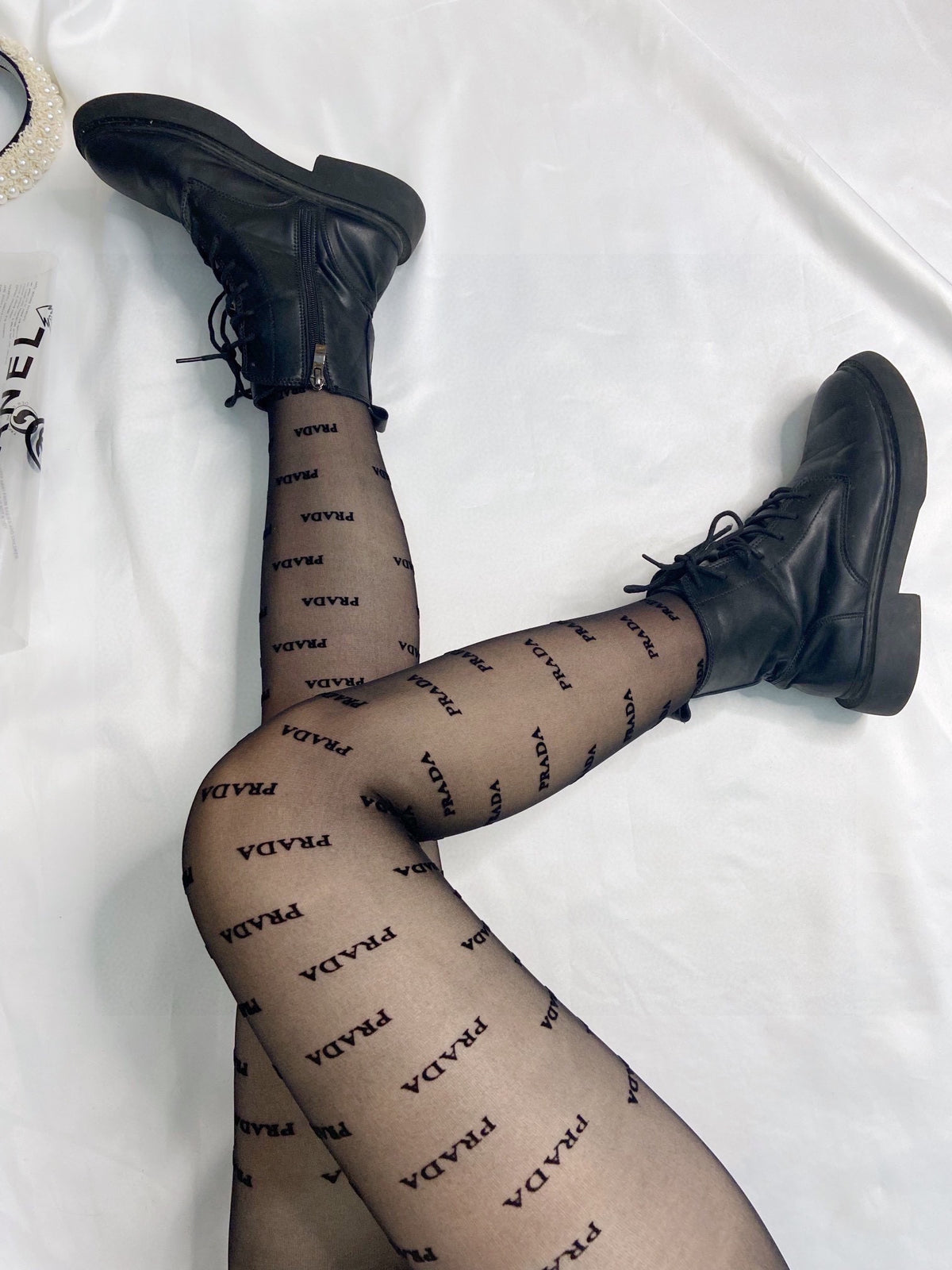 Prada Black Sheer Repeating Wordmarks Patterned Tights, image 5