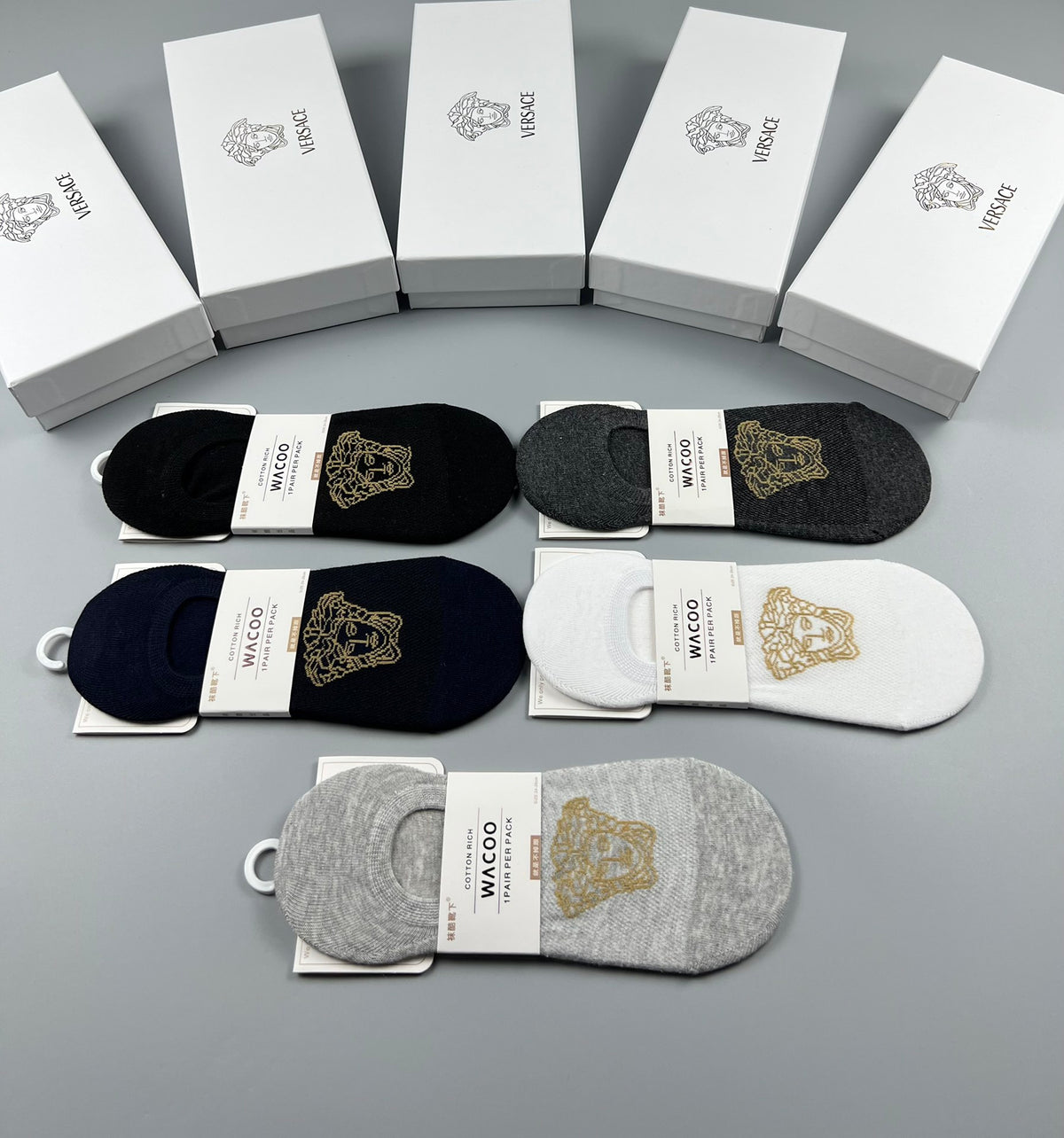 Versace Neutral Gold Face Footbed Mix No-Show Socks, image 6