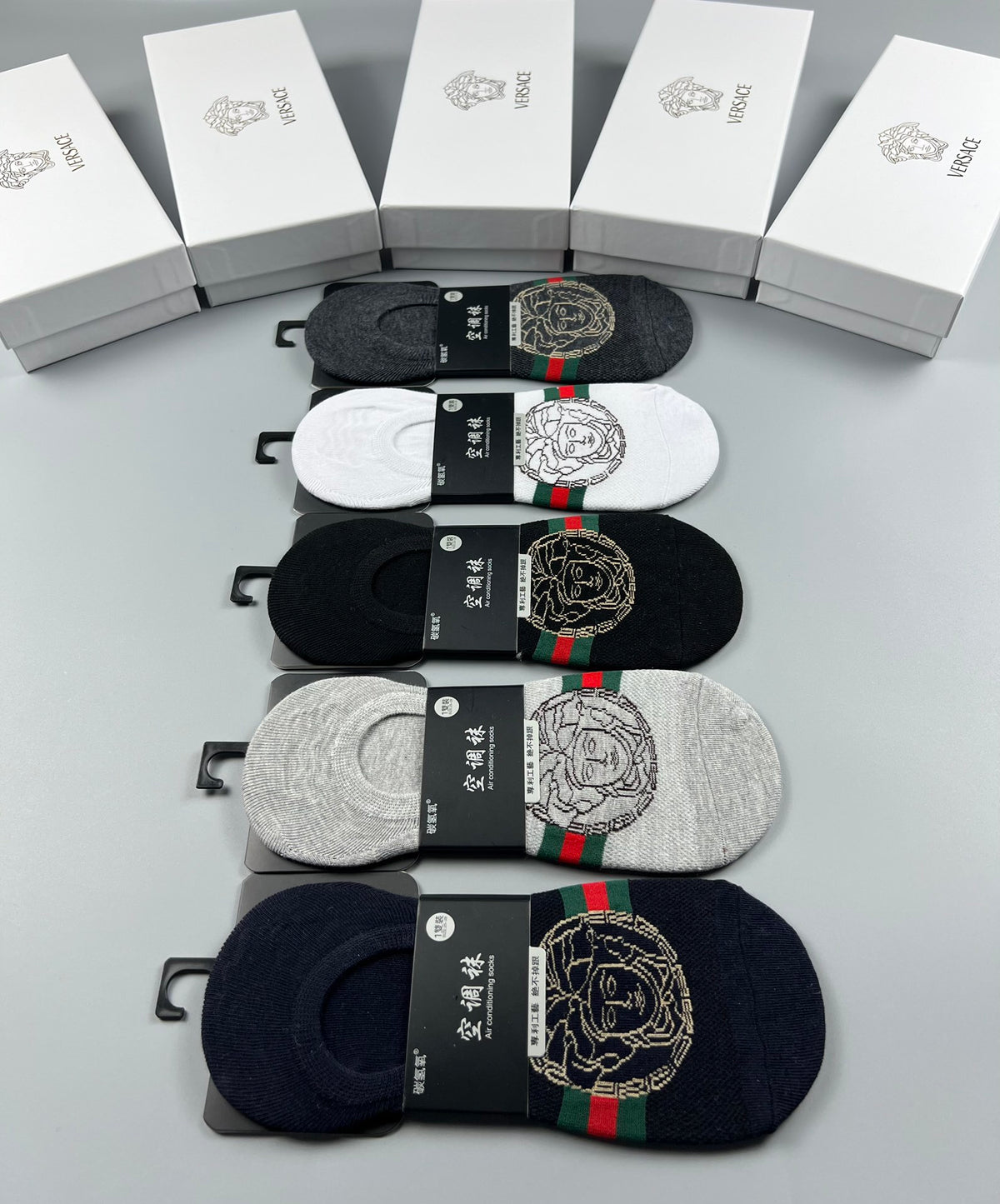 Versace Grey Black Coloured Round Motifs No-Show Socks, image 9
