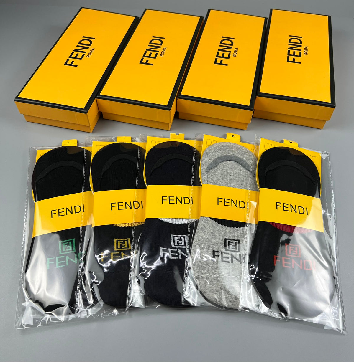 Fendi Black Grey Packaged Yellow Bands No-Show Socks, image 2
