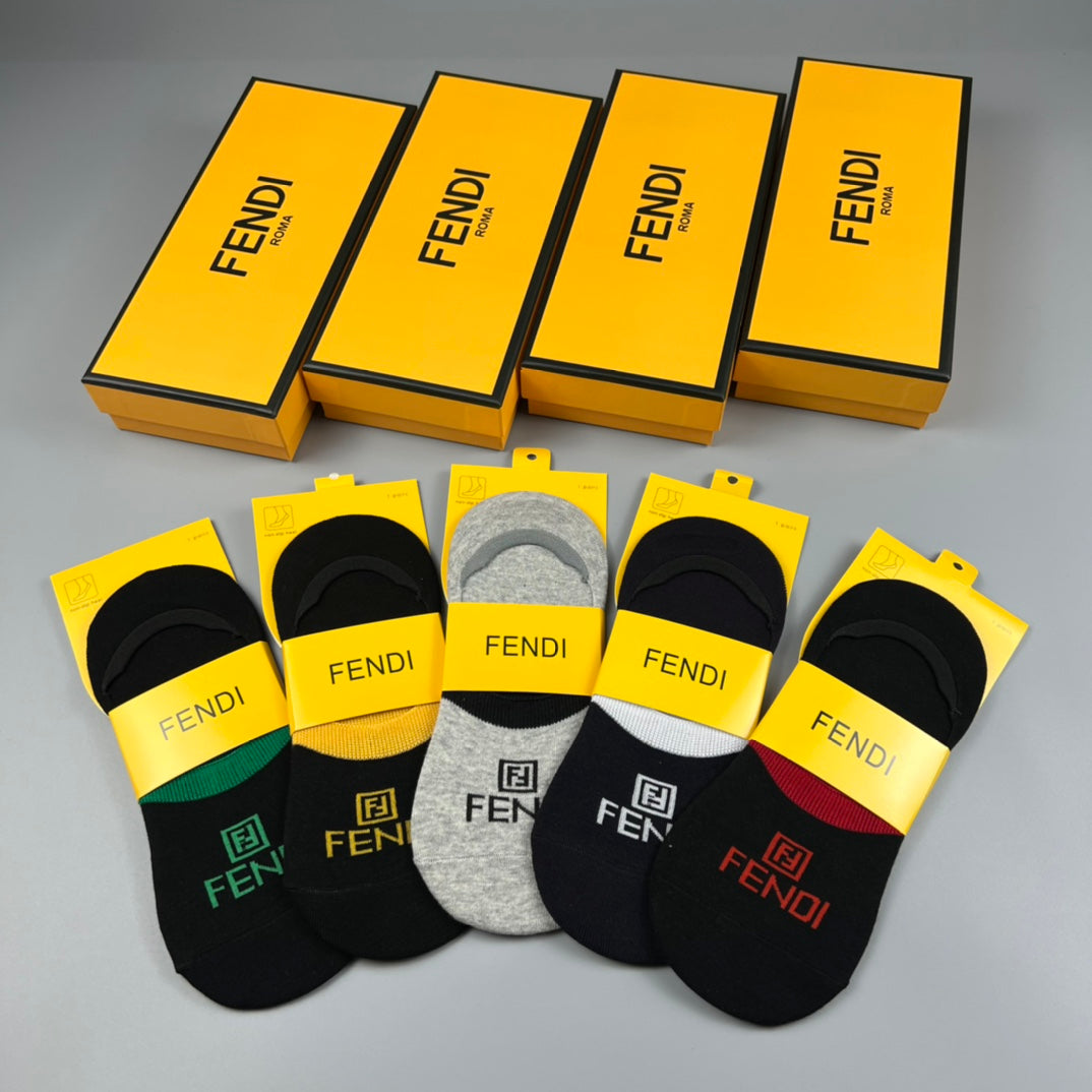 Fendi Black Grey Packaged Yellow Bands No-Show Socks, image 6