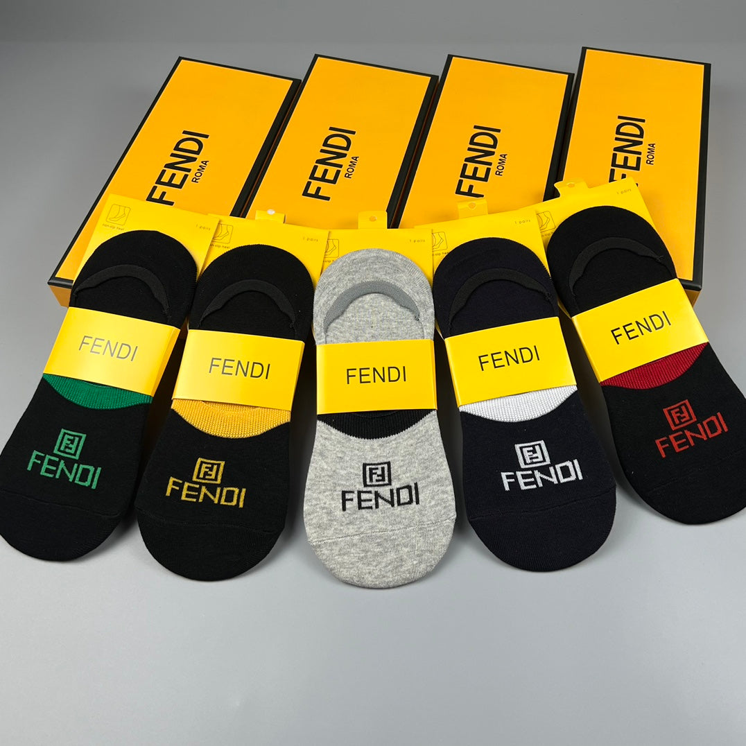 Fendi Black Grey Packaged Yellow Bands No-Show Socks, image 5