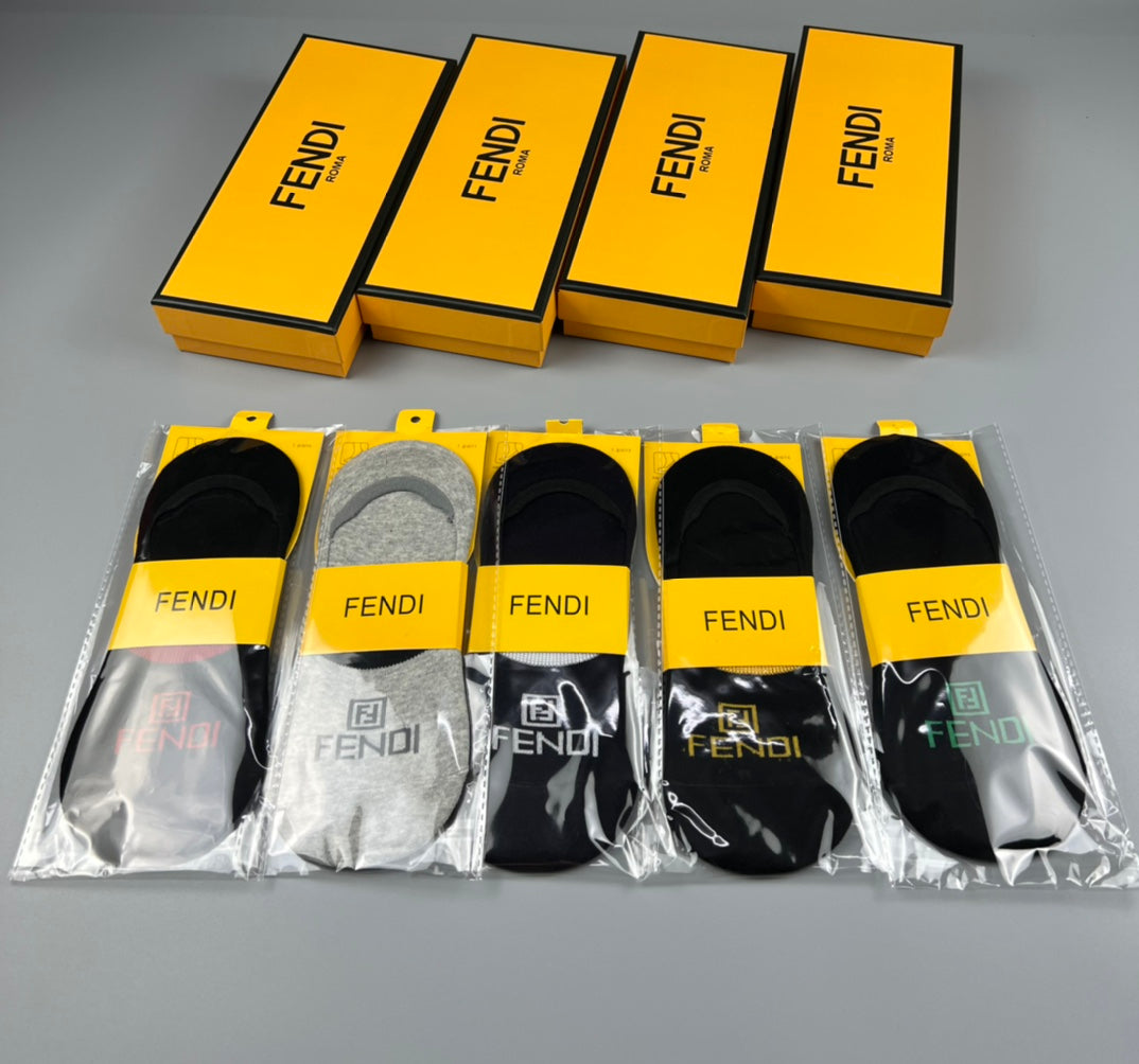Fendi Black Grey Packaged Yellow Bands No-Show Socks, image 1