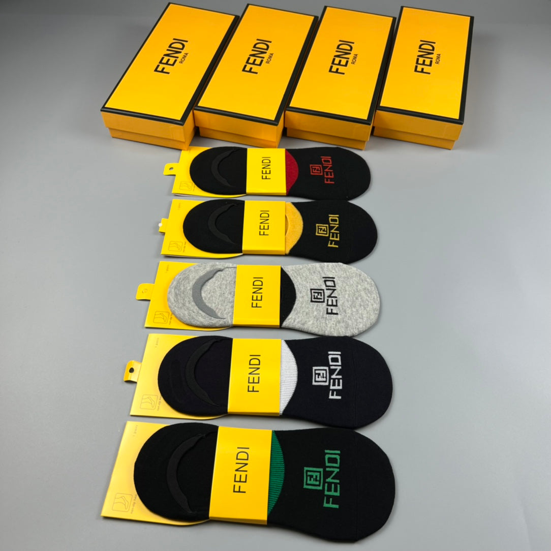Fendi Black Grey Packaged Yellow Bands No-Show Socks, image 9