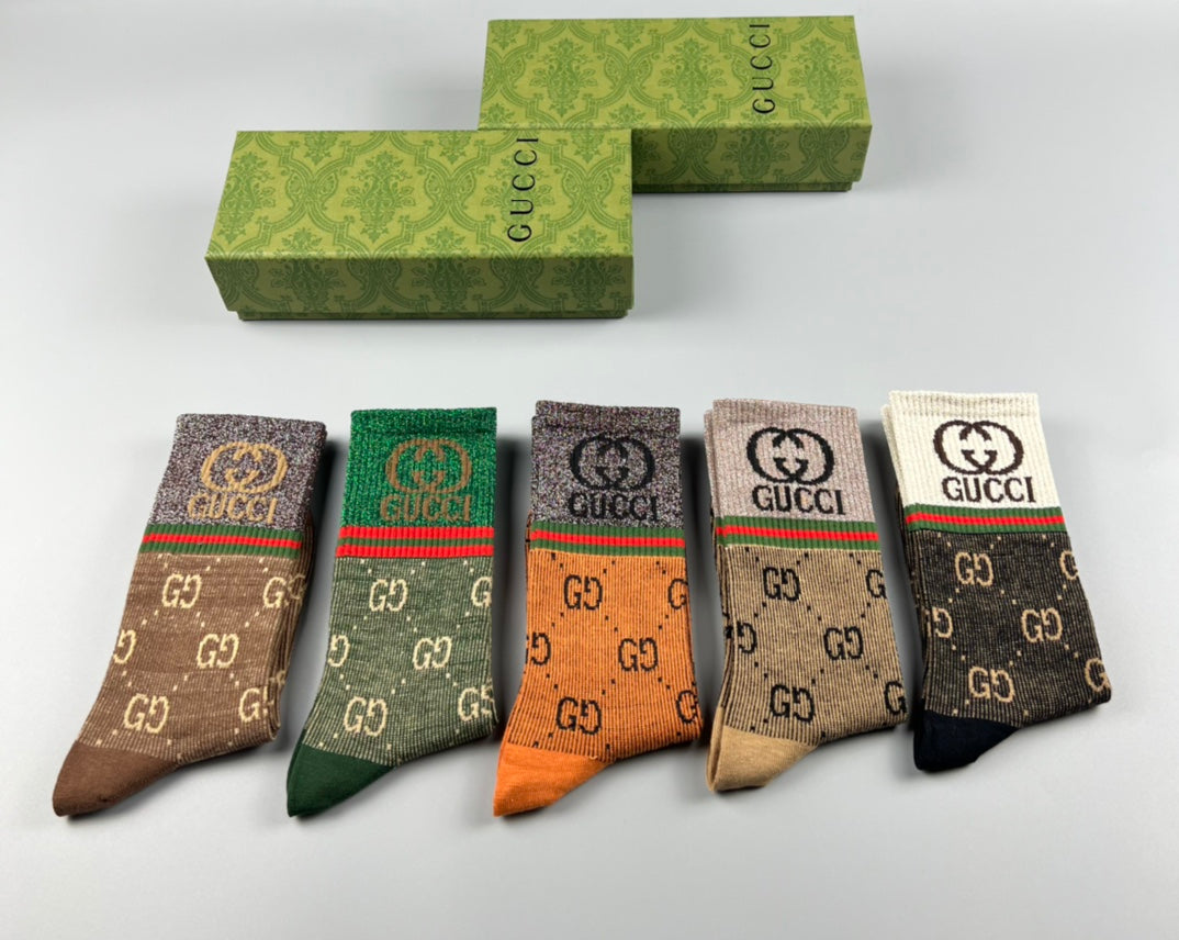 Gucci Brown Orange Green Pattern Mix Crew Socks, image 5