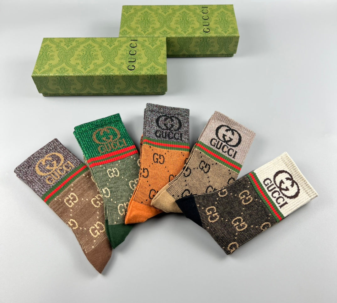 Gucci Brown Orange Green Pattern Mix Crew Socks, image 6