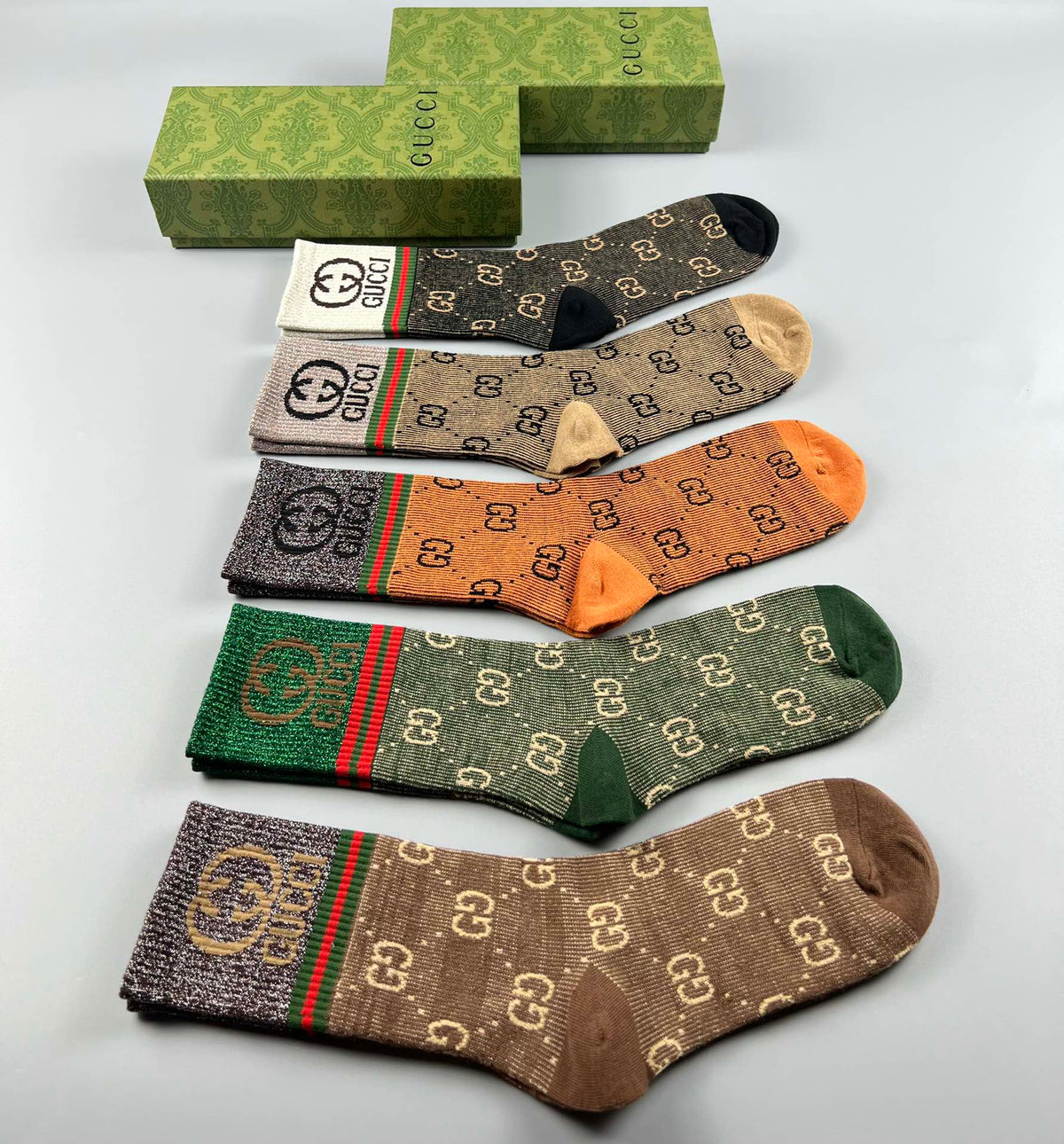 Gucci Brown Orange Green Pattern Mix Crew Socks, image 9