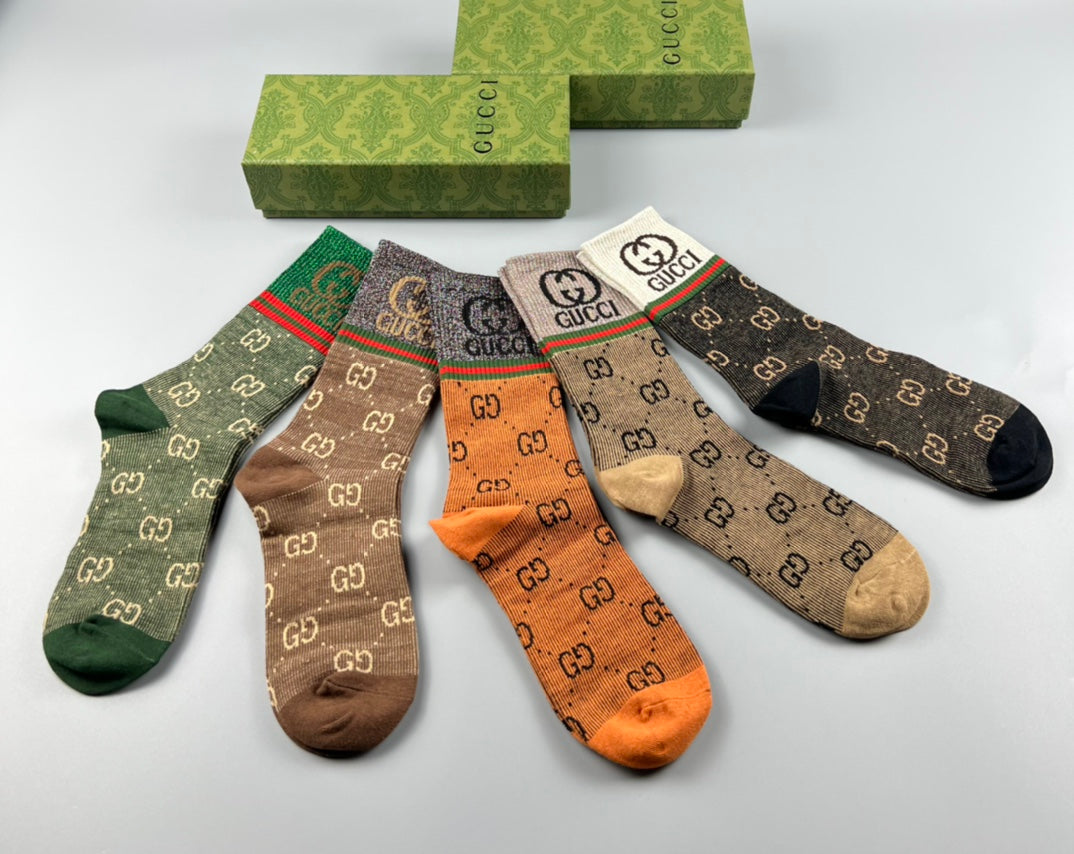 Gucci Brown Orange Green Pattern Mix Crew Socks, image 3