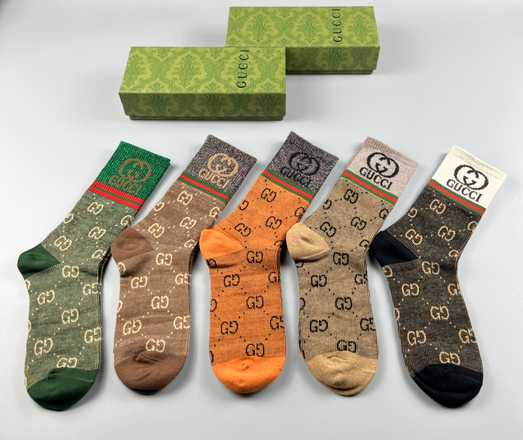 Gucci Brown Orange Green Pattern Mix Crew Socks, image 4