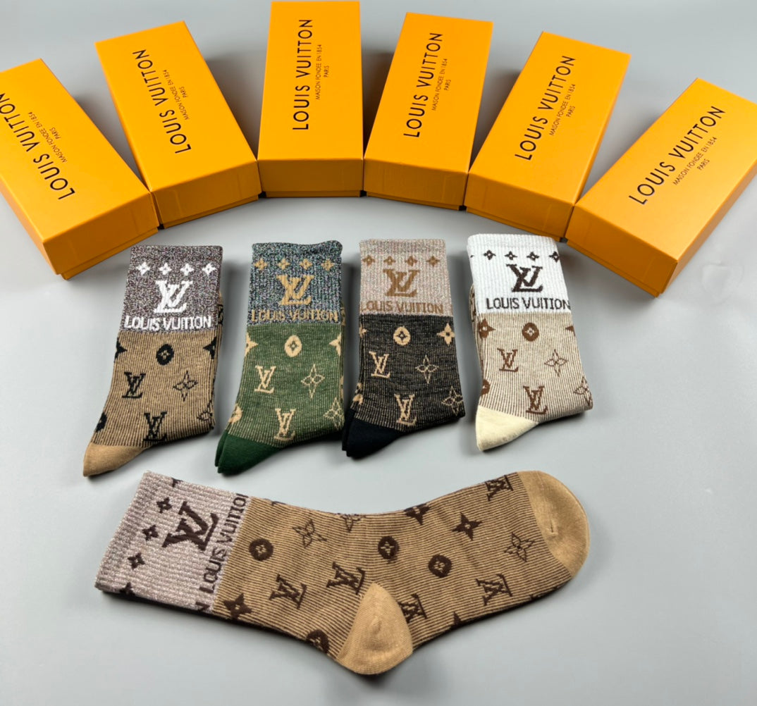 Louis Vuitton Earthy Allover Letter Flower Pattern Crew Socks, image 5