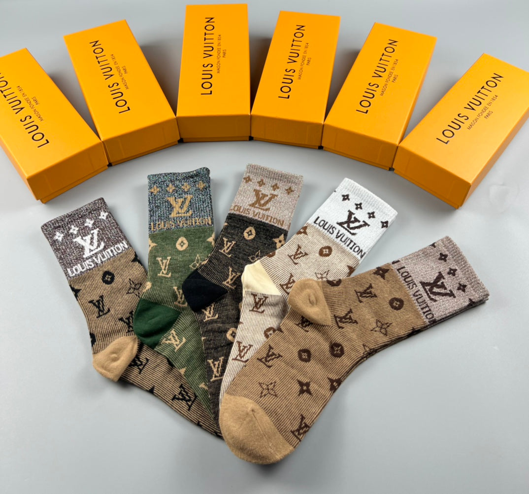 Louis Vuitton Earthy Allover Letter Flower Pattern Crew Socks, image 2