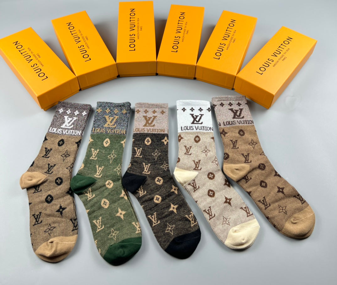 Louis Vuitton Earthy Allover Letter Flower Pattern Crew Socks, image 1