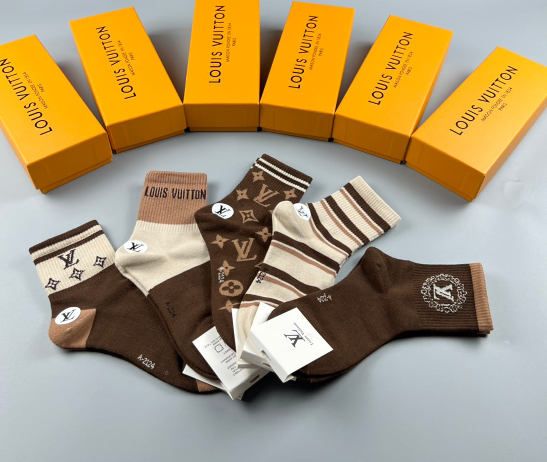 Louis Vuitton Brown Cream Double Stripe Bands Crew Socks, image 5